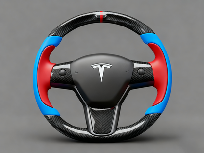 Blue and Red Carbon Fiber Tesla model 3 Steering Wheel -Track Master(2023.9+) Axeco