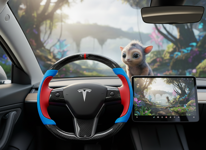 Blue and Red Carbon Fiber Tesla model 3 Steering Wheel -Track Master(2023.9+) Axeco