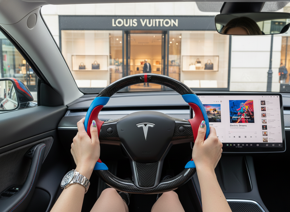 Blue and Red Carbon Fiber Tesla model 3 Steering Wheel -Track Master(2023.9+) Axeco