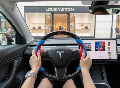 Blue and Red Carbon Fiber Tesla model 3 Steering Wheel -Track Master(2023.9+) Axeco