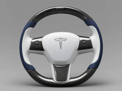 White-Dark blue Tesla Model 3 Carbon Fiber Steering Wheel-Track Master(2017-2023.8) Axeco