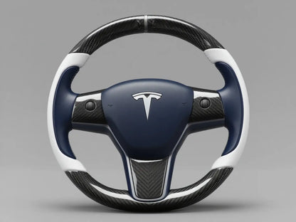 White-Dark blue Tesla Model 3 Carbon Fiber Steering Wheel-Track Master(2017-2023.8) Axeco