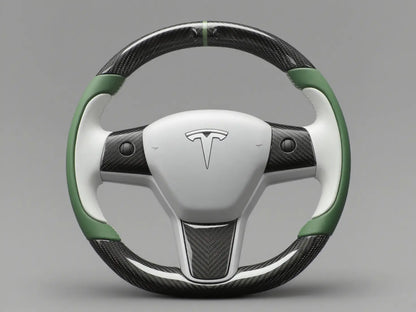 White-Green Tesla Model 3 Carbon Fiber Steering Wheel-Track Master(2017-2023.8) Axeco