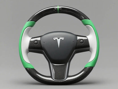 White-Green Tesla Model 3 Carbon Fiber Steering Wheel-Track Master(2017-2023.8) Axeco