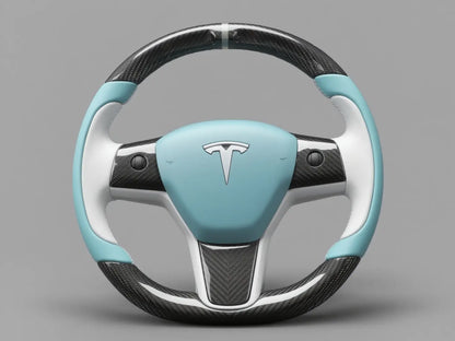 White-Light blue Tesla Model 3 Carbon Fiber Steering Wheel-Track Master(2017-2023.8) Axeco