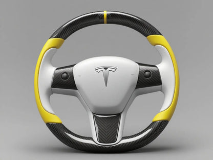 White-Yellow Tesla Model 3 Carbon Fiber Steering Wheel-Track Master(2017-2023.8) Axeco