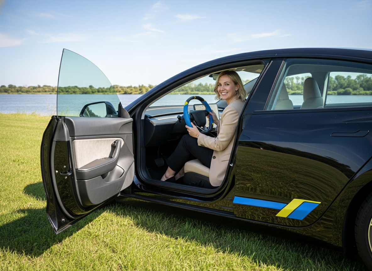 Blue and yellow Leather Carbon Fiber Customize Tesla Model Y Juniper Steering Wheel - DYNA (2025+) Axeco