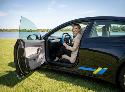Blue and yellow Leather Carbon Fiber Customize Tesla Model Y Juniper Steering Wheel - DYNA (2025+) Axeco
