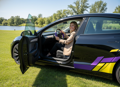 Purple and yellow Leather Carbon Fiber Customize Tesla Model Y Juniper Steering Wheel - DYNA (2025+) Axeco