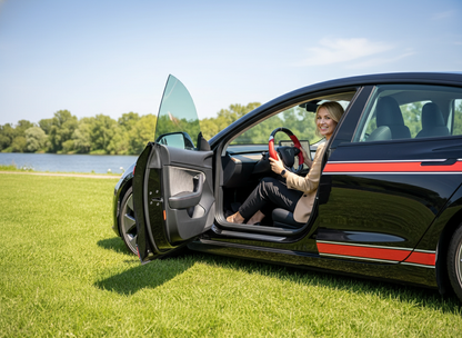 Red and white Leather Carbon Fiber Customize Tesla Model Y Juniper Steering Wheel - DYNA (2025+) Axeco