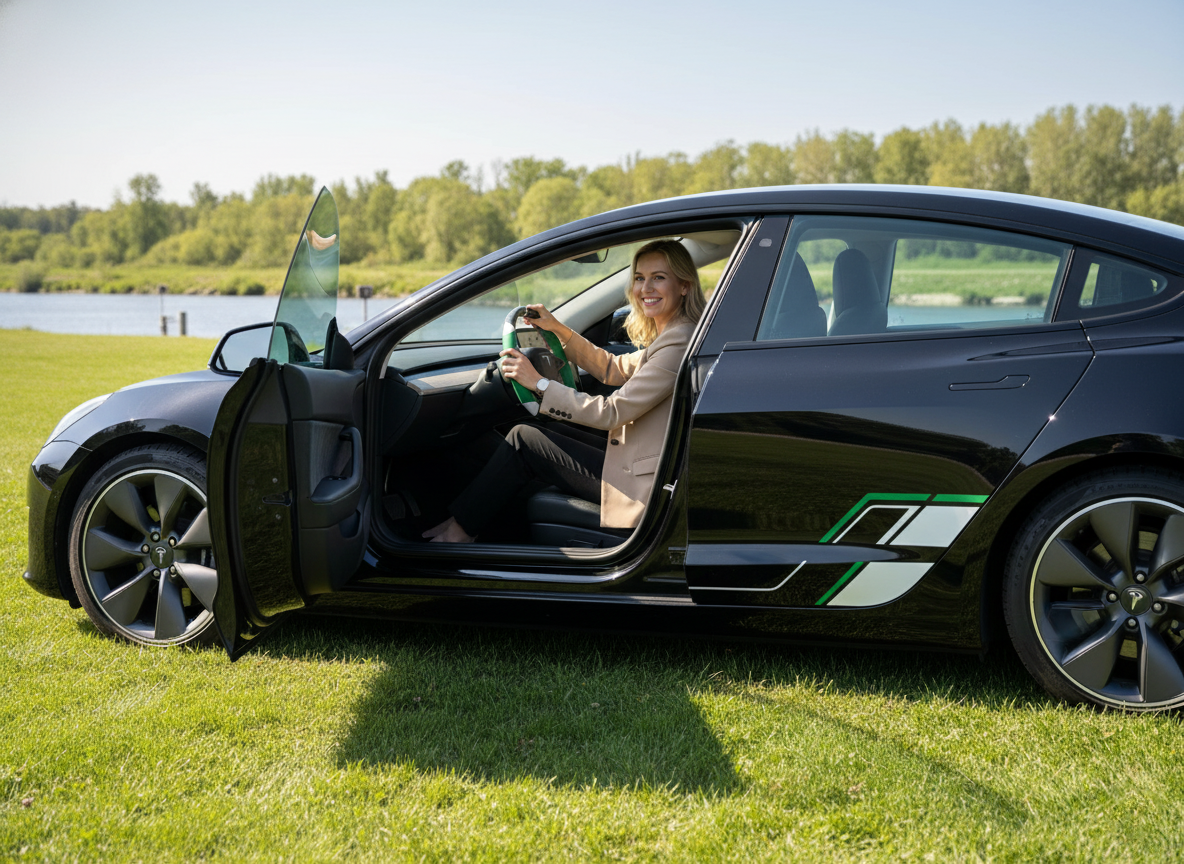 Green and white Leather Carbon Fiber Customize Tesla Model Y Juniper Steering Wheel - DYNA (2025+) Axeco