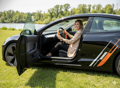Orange and white Leather Carbon Fiber Customize Tesla Model Y Juniper Steering Wheel - DYNA (2025+) Axeco