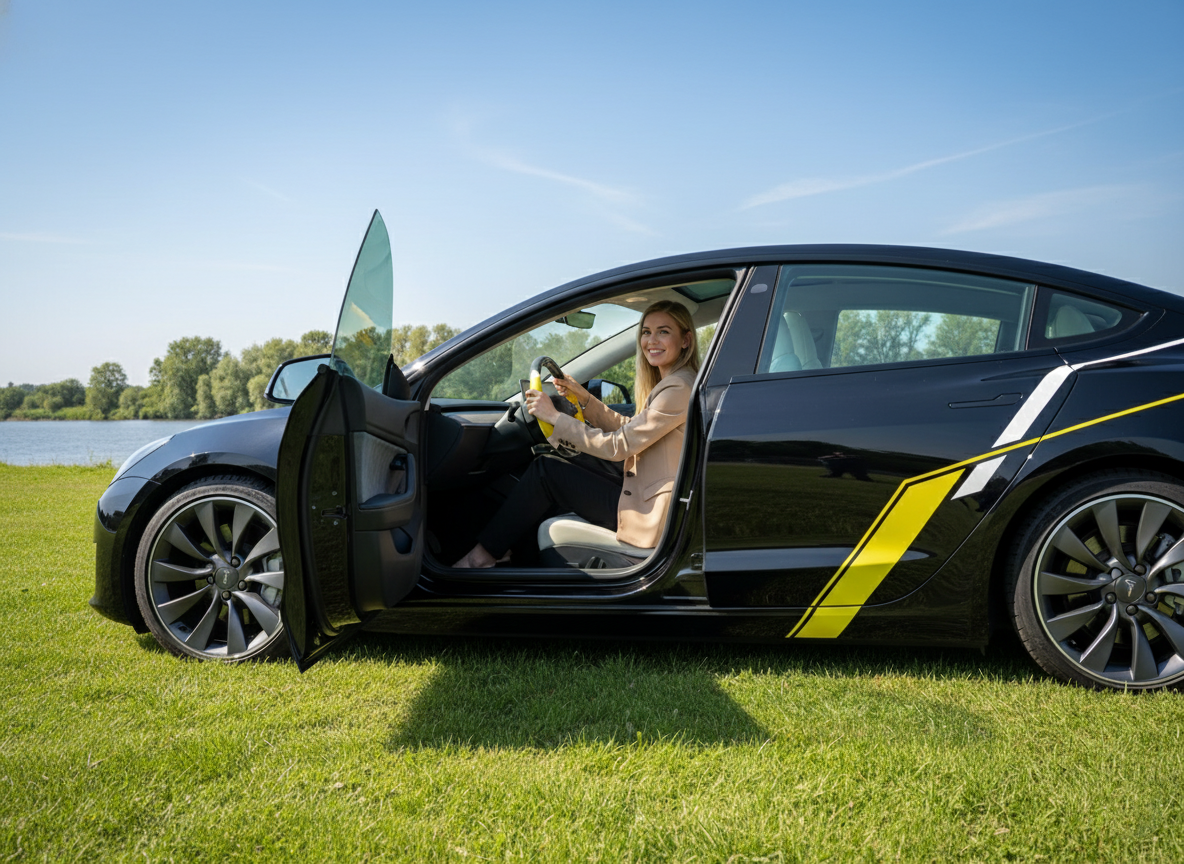 Yellow and white Leather Carbon Fiber Customize Tesla Model Y Juniper Steering Wheel - DYNA (2025+) Axeco
