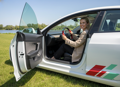 Red and light green Leather Carbon Fiber Customize Tesla Model Y Juniper Steering Wheel - DYNA (2025+) Axeco