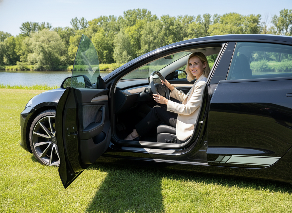 Grey and white Leather Carbon Fiber Customize Tesla Model Y Juniper Steering Wheel - DYNA (2025+) Axeco