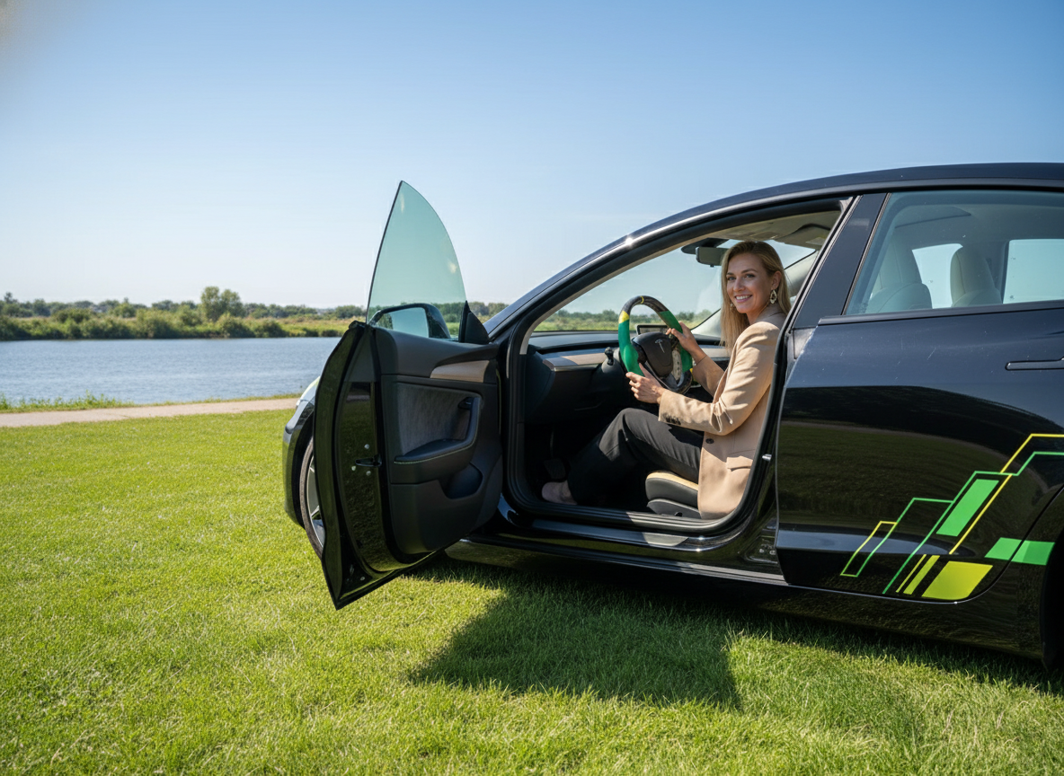 Green and yellow Leather Carbon Fiber Customize Tesla Model Y Juniper Steering Wheel - DYNA (2025+) Axeco