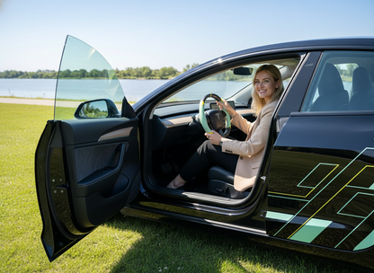 Mint green and yellow Leather Carbon Fiber Customize Tesla Model Y Juniper Steering Wheel - DYNA (2025+) Axeco
