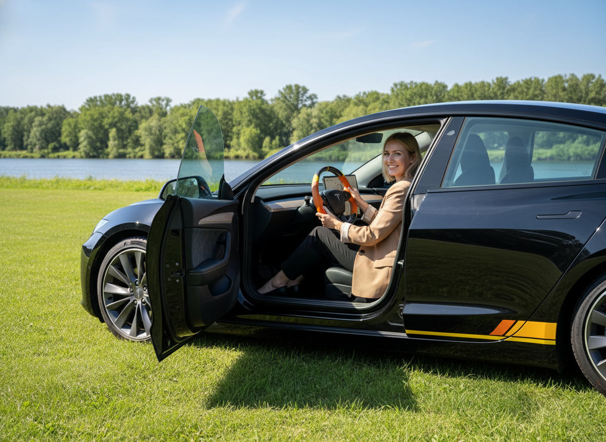 Orange and yellow Leather Carbon Fiber Customize Tesla Model Y Juniper Steering Wheel - DYNA (2025+) Axeco