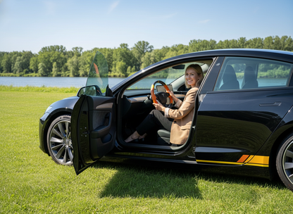 Orange and yellow Leather Carbon Fiber Customize Tesla Model Y Juniper Steering Wheel - DYNA (2025+) Axeco