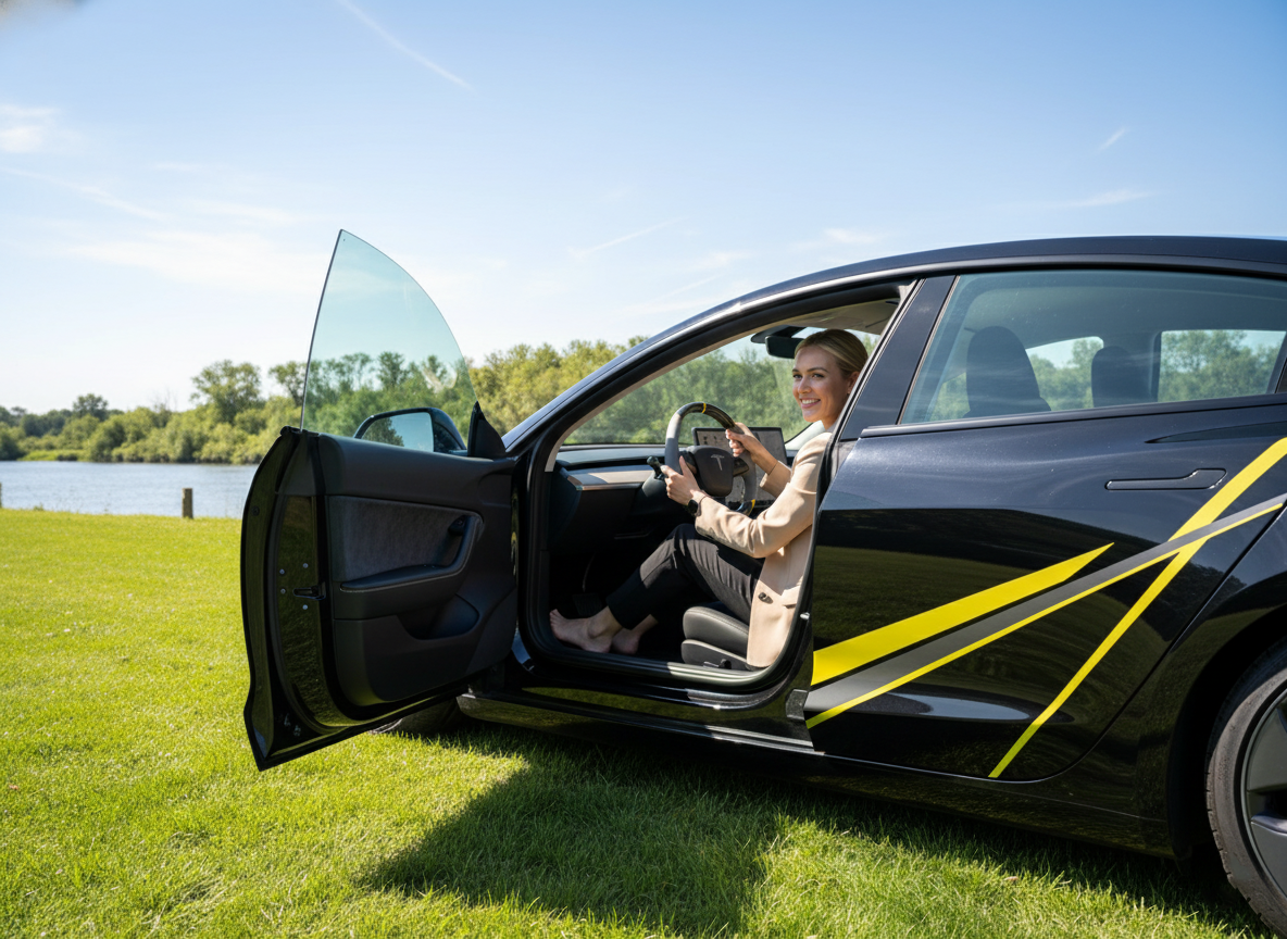 Grey and yellow Leather Carbon Fiber Customize Tesla Model Y Juniper Steering Wheel - DYNA (2025+) Axeco