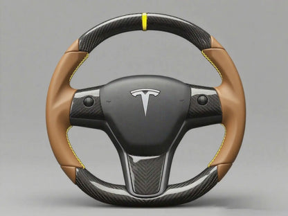 Yellow-Brown Carbon Fiber Tesla Model 3 Steering Wheel - DYNA (2017-2023.8) Axeco