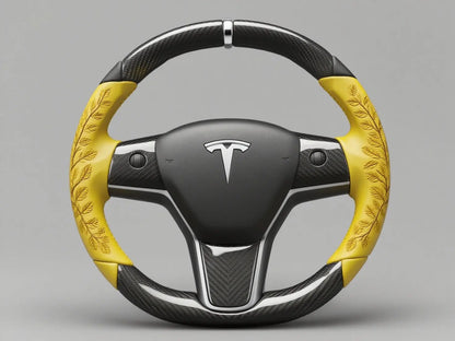 Yellow Leaf Vein Pattern Carbon Fiber Tesla Model Y Steering Wheel - DYNA (2020-2024) Axeco