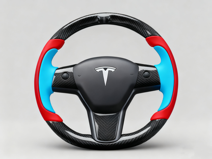 Red and bright blue Carbon Fiber Tesla Model Y Steering Wheel-Track Master(2020-2024) Axeco