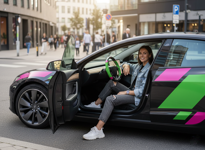 Green and pink Carbon Fiber Tesla Model 3 Highland Custom Steering Wheel -DYNA(2023.9) Axeco