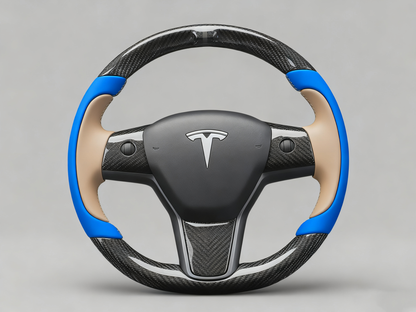 Bright blue and light brown Carbon Fiber Tesla Model Y Steering Wheel-Track Master(2020-2024) Axeco