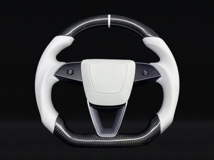 Model 3 Highland Glossy Carbon Fiber Steering Wheel with White Alcantara - Axeco