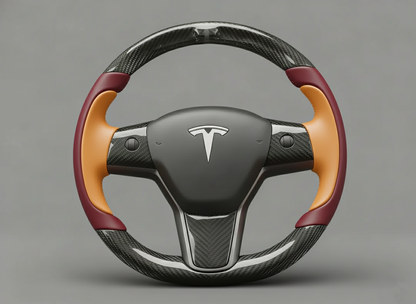 Wine red and warm orange Carbon Fiber Tesla model 3 Steering Wheel -Track Master(2023.9+) Axeco