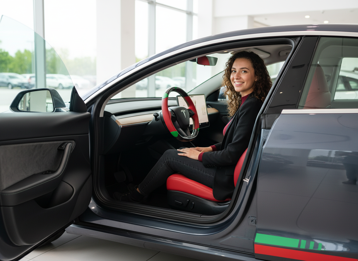 Red and green Carbon Fiber Tesla Model 3 Highland Custom Steering Wheel -DYNA(2023.9) Axeco