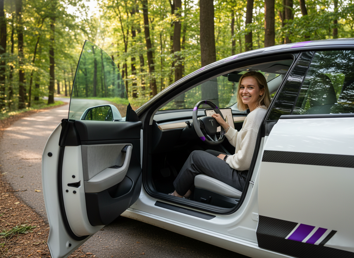 Grey and purple Carbon Fiber Tesla Model 3 Highland Custom Steering Wheel -DYNA(2023.9) Axeco