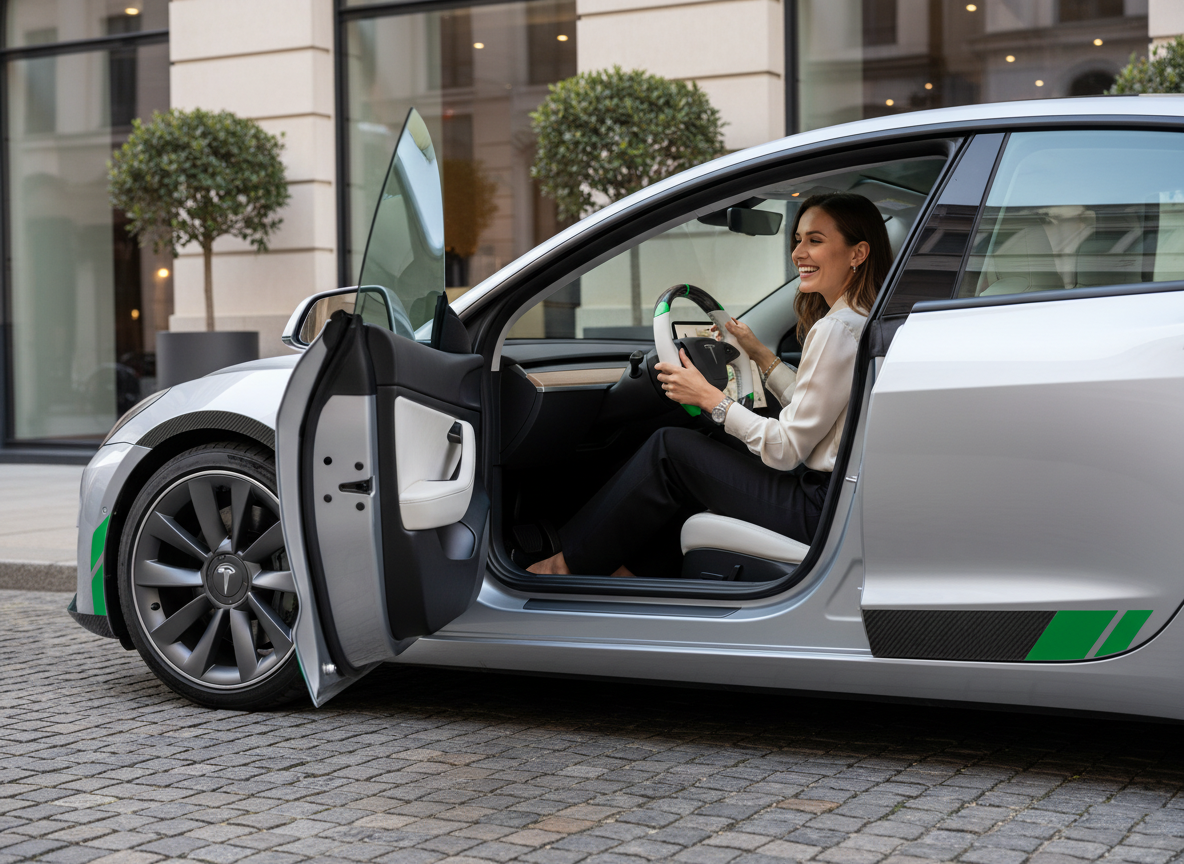 White and green Carbon Fiber Tesla Model 3 Highland Custom Steering Wheel -DYNA(2023.9)