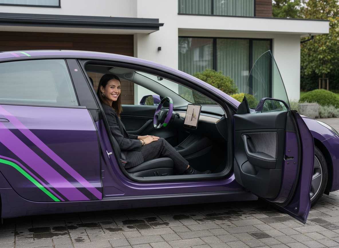 Purple and green Carbon Fiber Tesla Model 3 Highland Custom Steering Wheel -DYNA(2023.9) Axeco