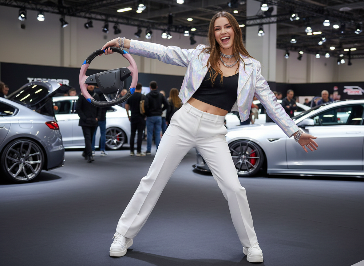 Pink and blue Carbon Fiber Tesla Model 3 Highland Custom Steering Wheel -DYNA(2023.9) Axeco