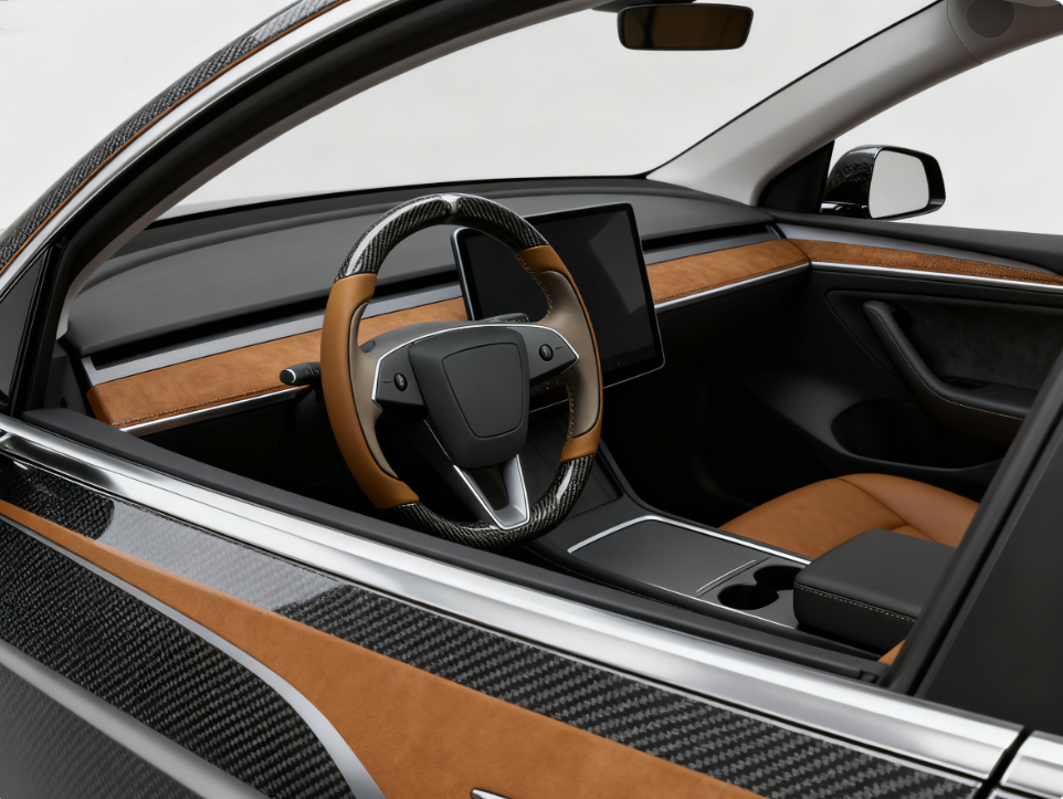 Brown and light brown Carbon Fiber Tesla model 3 highland Steering Wheel -Track Master(2023.9+) Axeco