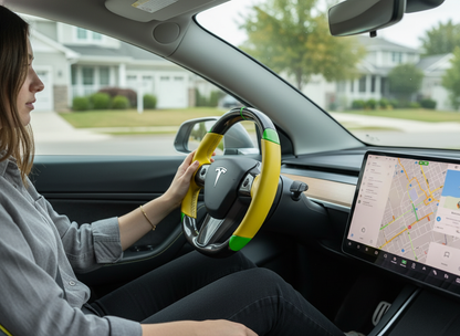 Yellow and green leather black carbon fiber Tesla Model Y steering wheel - DYNA (2020-2024) Axeco