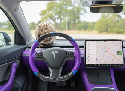 Purple and blue leather black carbon fiber Tesla Model Y steering wheel - DYNA (2020-2024) Axeco