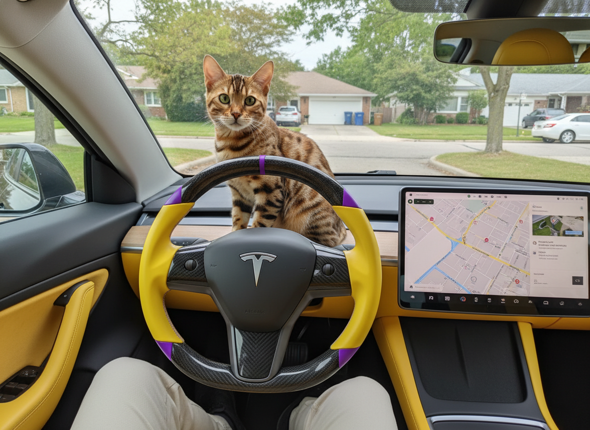 Yellow and purple leather black carbon fiber Tesla Model Y steering wheel - DYNA (2020-2024) Axeco
