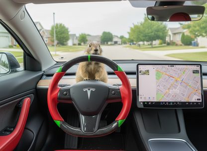 Red and green leather black carbon fiber Tesla Model Y steering wheel - DYNA (2020-2024) Axeco