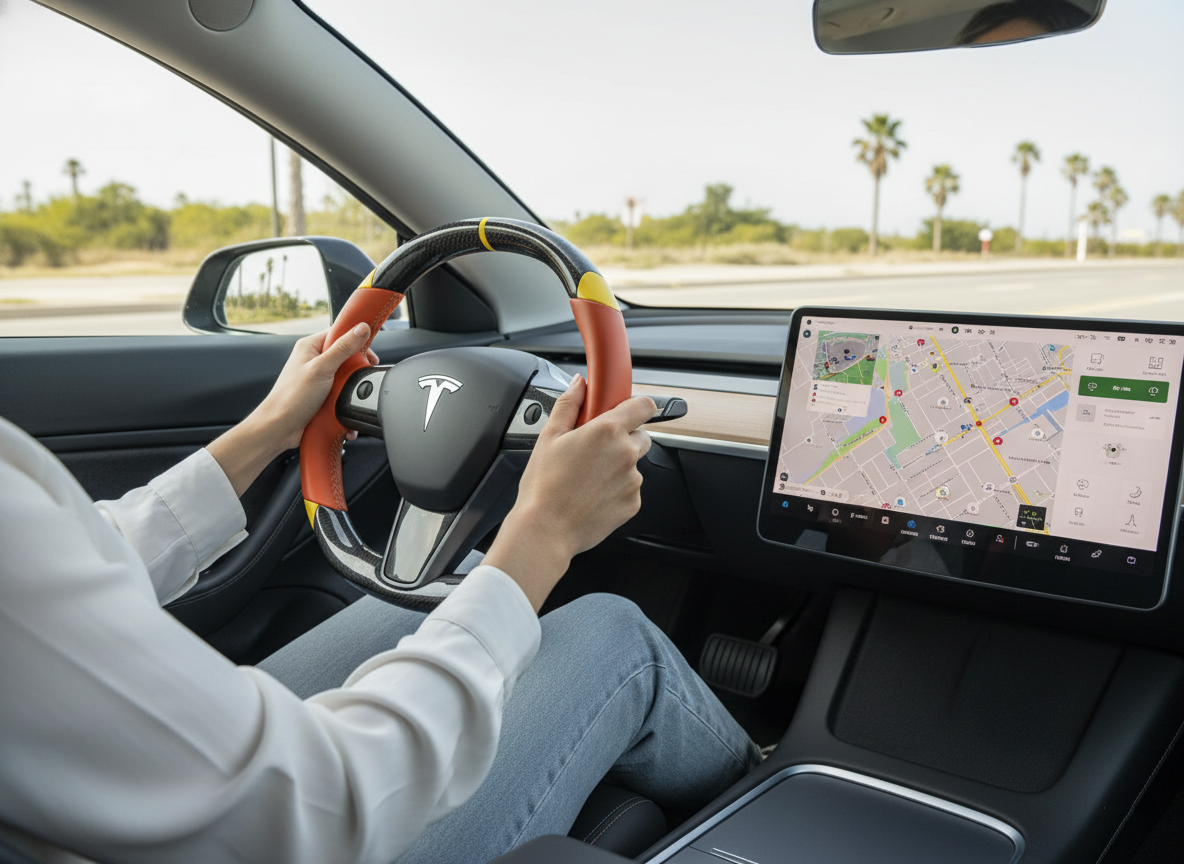 Orange and yellow Carbon Fiber Tesla Model 3 Custom Steering Wheel -DYNA(2017-2023.9) Axeco