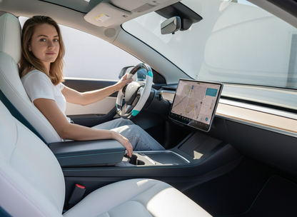 White and light blue leather black carbon fiber Tesla Model Y steering wheel - DYNA (2020-2024) Axeco