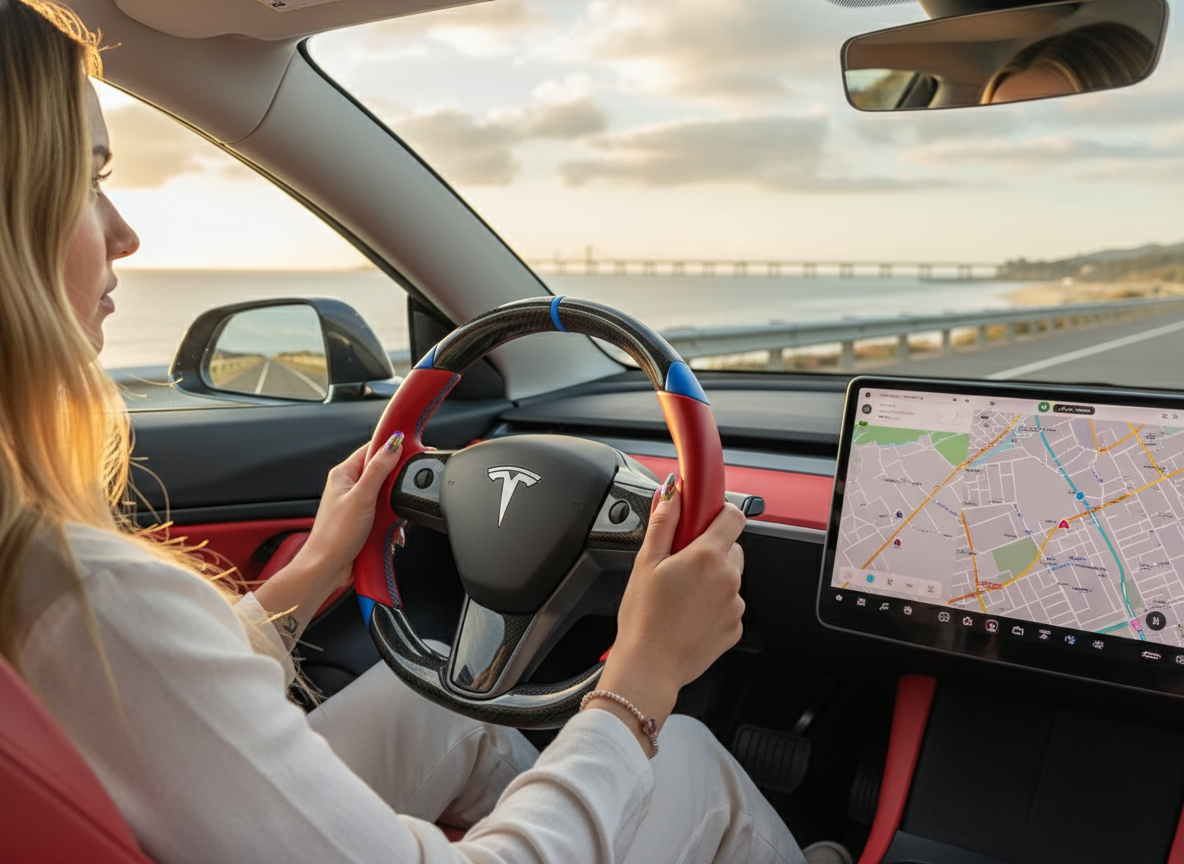 red and blue leather black carbon fiber Tesla Model Y steering wheel - DYNA (2020-2024) Axeco