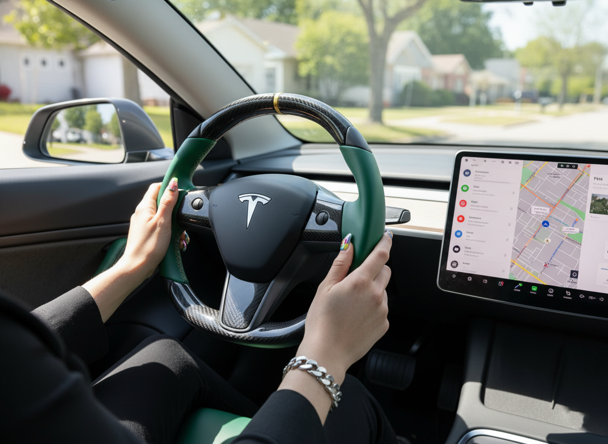 Green and black Carbon Fiber Tesla Model 3 Steering Wheel -DYNA(2017-2023.9) Axeco