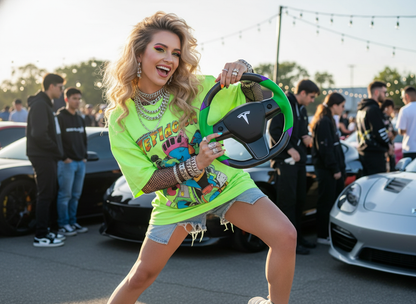 Green and purple leather black carbon fiber Tesla Model Y steering wheel - DYNA (2020-2024) Axeco