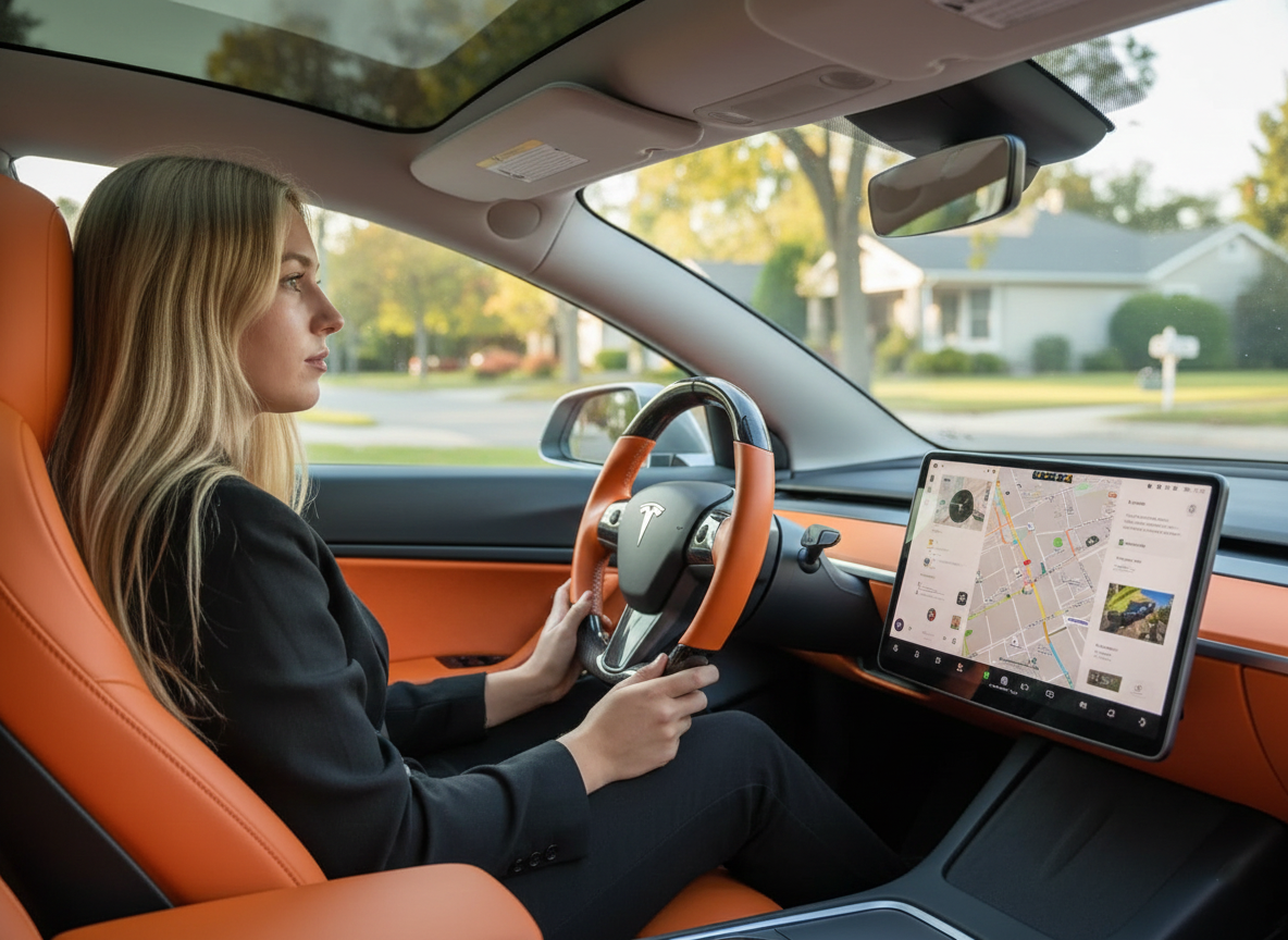 Orange and black leather black carbon fiber Tesla Model Y steering wheel - DYNA (2020-2024) Axeco