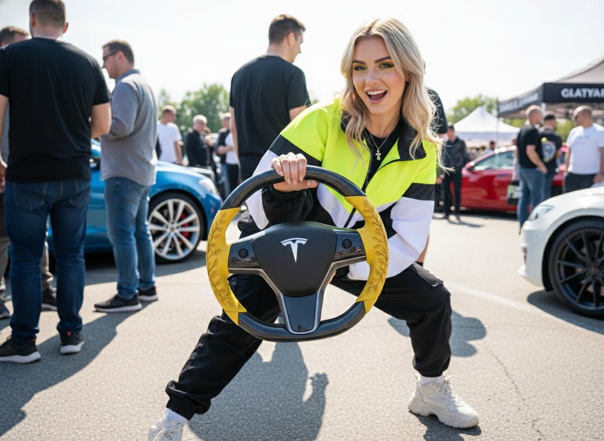 Yellow Leaf Vein Pattern Carbon Fiber Tesla Model Y Steering Wheel - DYNA (2020-2024) Axeco
