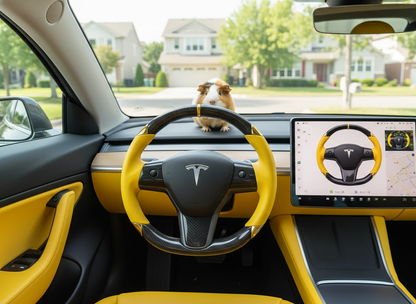 Yellow and gold leather black carbon fiber Tesla Model Y steering wheel - DYNA (2020-2024) Axeco