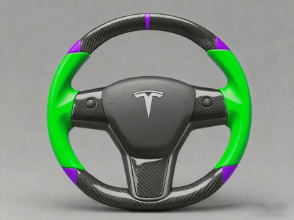 Green and purple leather black carbon fiber Tesla Model Y steering wheel - DYNA (2020-2024) Axeco
